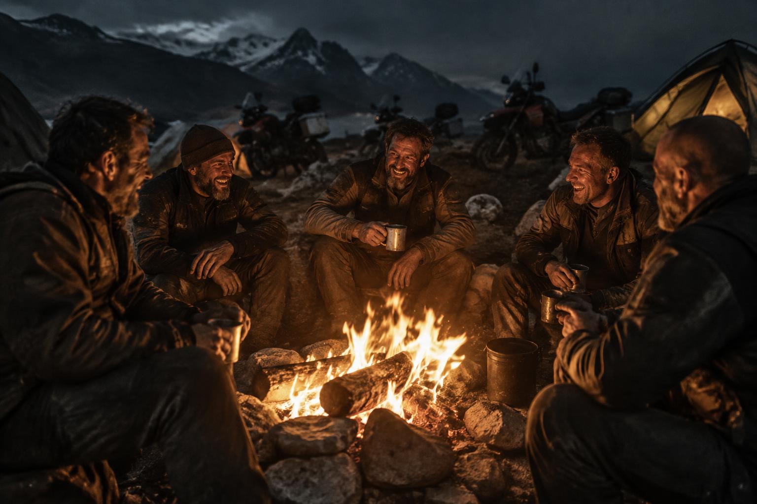 Men sitting around a campfire at night, laughing, bikes silhouetted behind