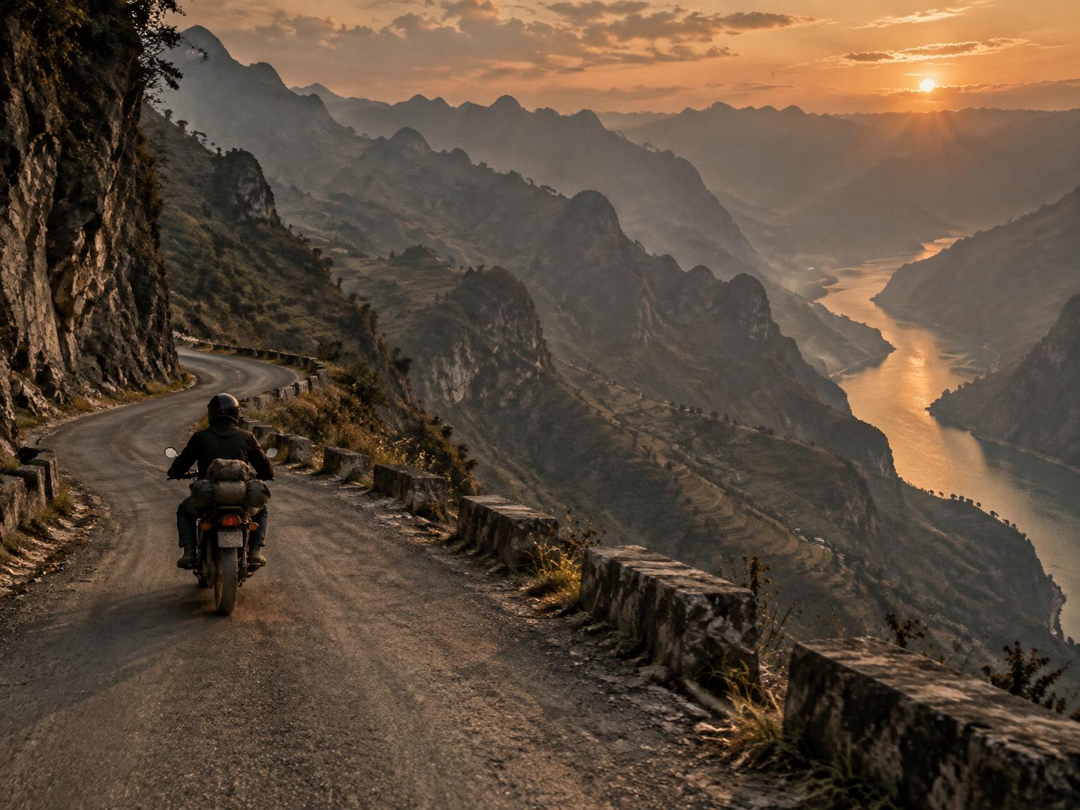 Solo rider on a mountain road above a canyon in northern Vietnam at sunset