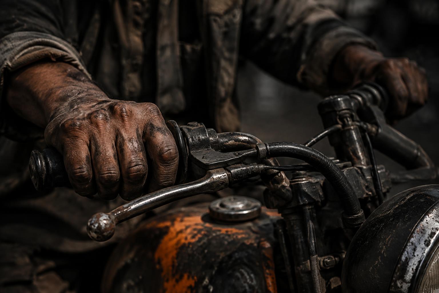 Weathered hands gripping a battered motorbike handlebar